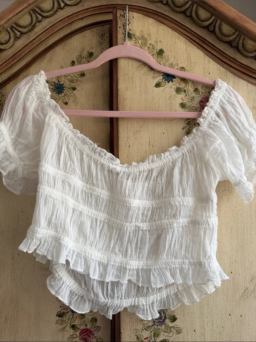 Free People White Smocked Off-Shoulder Peasant Top